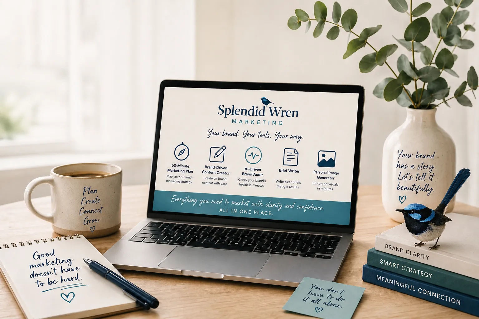 Laptop showing Splendid Wren Marketing tools on a desk